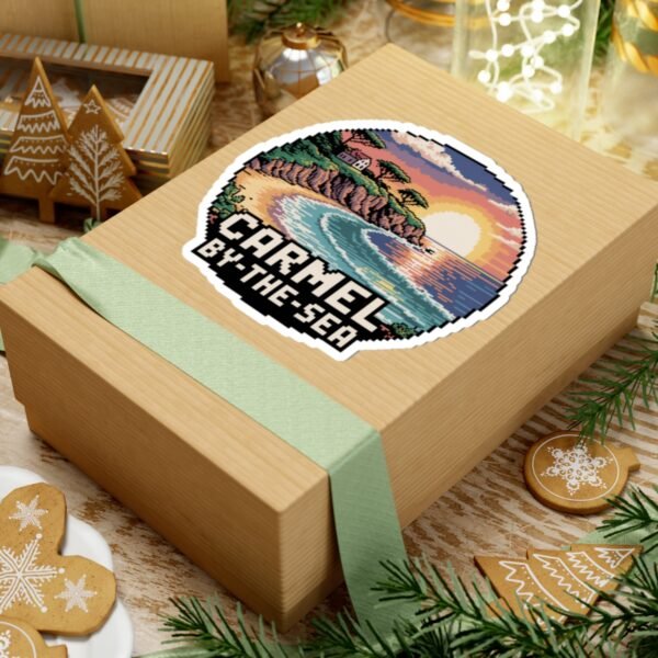 Carmel-by-the-Sea Sticker - Pixel Art Sunset Cliff and Ocean Waves Design - Retro California Coastal Travel Souvenir Vinyl Decal