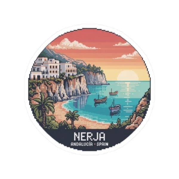 Nerja Spain Sticker - Pixel Art Coastal Design | Retro 8-Bit Sunset Scene of Andalucía | Travel Vinyl Decal for Laptop & Water Bottle