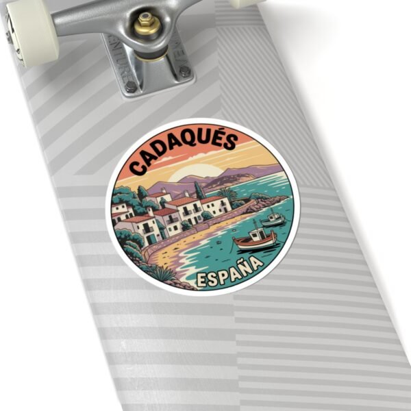 Cadaqués España Sticker - Retro Coastal Travel Art with Boats, Sunset and Mediterranean Village - Vintage Style Spanish Souvenir