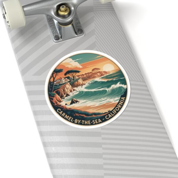 Carmel-by-the-Sea California Sticker - Retro Coastal Sunset Cliff and Ocean Waves Design - Vintage Travel Souvenir Vinyl Decal