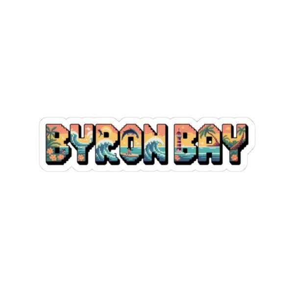 Byron Bay Australia Sticker - Pixel Art Retro Surf Design with Sunset, Lighthouse, Palm Trees & Ocean Waves - Vintage 8-Bit Travel Art