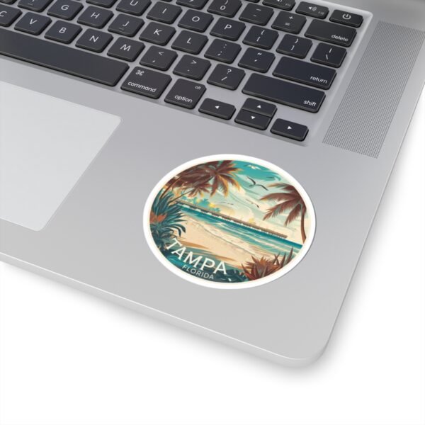 Tampa Florida Sticker - Vintage Coastal Pier Sunset Design with Palm Trees, Seagulls and Ocean Waves - Retro Travel Beach Souvenir