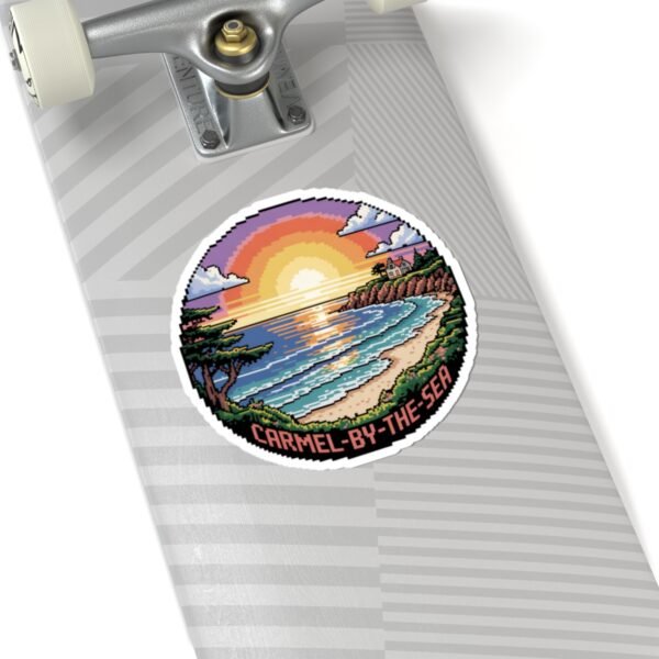 Carmel-by-the-Sea Sticker - Pixel Art Sunset Beach and Ocean Waves Design - Retro California Coastal Travel Souvenir Vinyl Decal