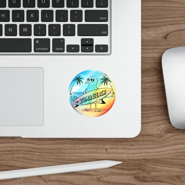 Zuma Beach Holographic Sticker - Cool Seagull Surfboard, Retro Summer Vibes, California Coastal Decor, Laptop & Water Bottle Vinyl Decal