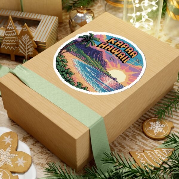 Kapaa Hawaii Sticker - Retro Pixel Art Beach Sunset with Palm Trees and Ocean Waves - Vintage Travel Souvenir Coastal Design