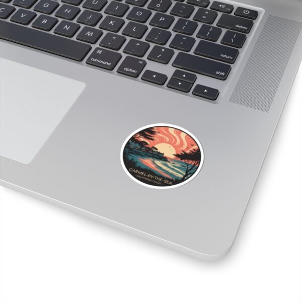 Carmel-by-the-Sea California Sticker - Retro Sunset Ocean View with Cypress Trees & Coastal Cottages - Vintage Travel Art