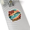 Byron Bay Australia Sticker - Retro Coastal Surf Design with Sunset, Lighthouse, Palm Trees & Surfers - Vintage Travel Souvenir Art