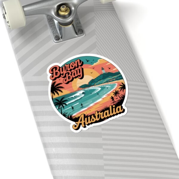 Byron Bay Australia Sticker - Retro Coastal Surf Design with Sunset, Lighthouse, Palm Trees & Surfers - Vintage Travel Souvenir Art