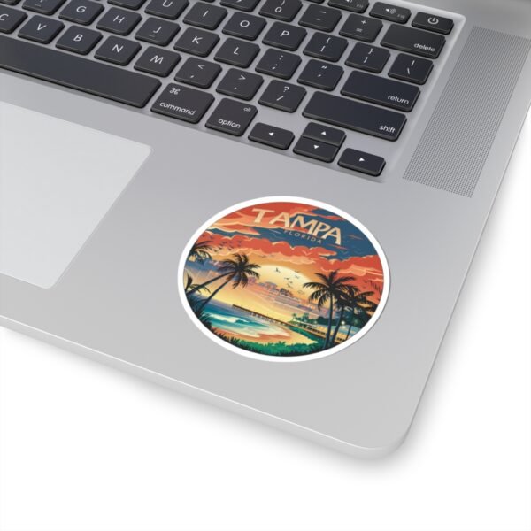 Tampa Florida Sticker - Retro Sunset Beach Scene with Palm Trees, Ocean Waves, and Vibrant Coastal Skyline - Vintage Travel Art