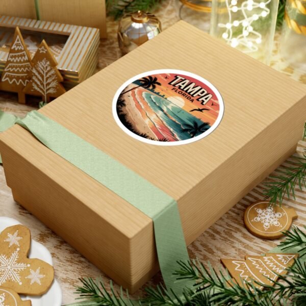 Tampa Florida Sticker - Retro Sunset Beach Waves Design with Palm Trees and Seagulls - Vintage Coastal Travel Souvenir Decal