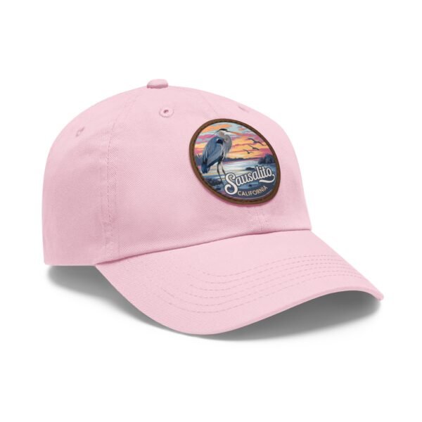 Sausalito California Hat - Leather Patch Cap with Heron & Coastal Sunset, Retro Bay Area Souvenir, Unique Travel Gift Dad Hat