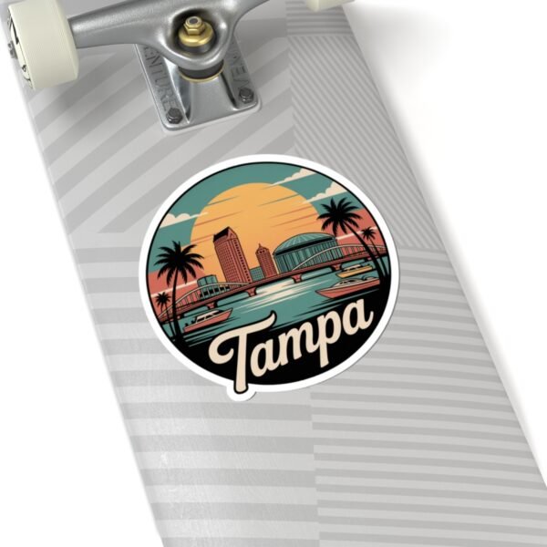 Tampa Florida Retro Sticker - Vintage Sunset City Skyline with Bridge, Boats & Palms - Florida Travel Decal, Souvenir and Gift