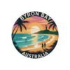 Byron Bay Australia Sticker - Retro Coastal Sunset Design with Lighthouse, Surfers, Palm Trees & Beach Silhouettes - Travel Souvenir Art