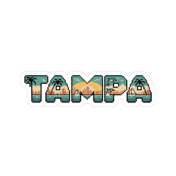 Tampa Pixel Art Sticker - Retro Gaming Coastal Design with Dolphins, Palm Trees, Sunset and Skyline - Florida Souvenir Decal