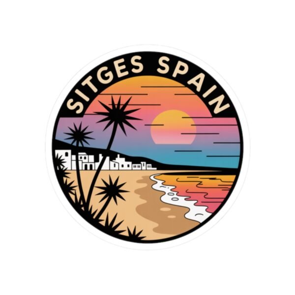 Sitges Spain Sticker - Retro Sunset Beach Vinyl Decal with Palm Trees and Mediterranean Coastline Travel Art Souvenir