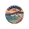 Cadaqués España Round Vinyl Sticker - Retro Coastal Design with Fishing Boats, Mediterranean Village Art, Travel Souvenir