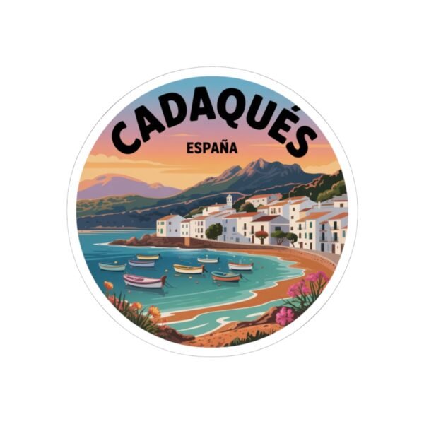 Cadaqués España Round Vinyl Sticker - Retro Coastal Design with Fishing Boats, Mediterranean Village Art, Travel Souvenir