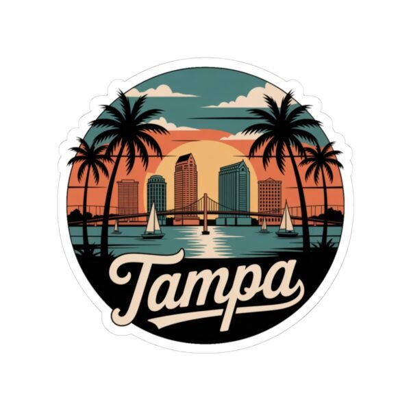 Tampa Florida Sticker - Retro Circular Skyline with Dome, Bridge & Palm Trees - Vintage Coastal Travel Souvenir Decal for Water Bottles