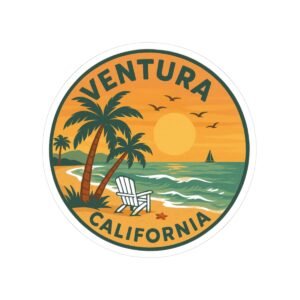 Stickers, Vintage Ocean Art, California Sunset Design, Coastal Landscape Illustration, Surf & Sail Graphic