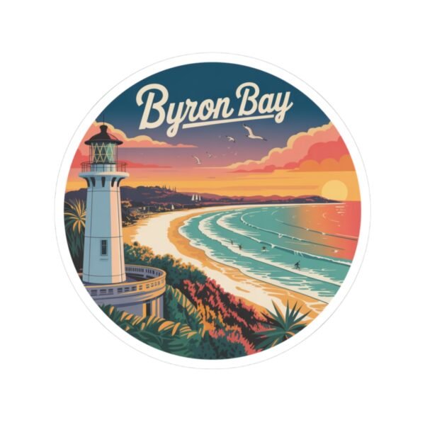 1830012417822256026_1200.jpeg Byron Bay Australia Sticker - Retro Lighthouse Coastal Sunset with Surfers, Ocean Waves & Tropical Beach - Vintage Travel Art