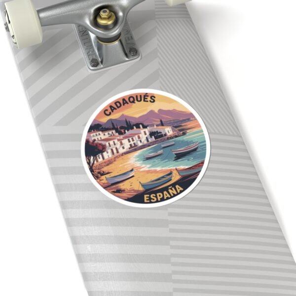 Cadaqués España Sunset Round Vinyl Sticker - Mediterranean Coastal Design, Spanish Seaside Travel Gift, Costa Brava Beach Art