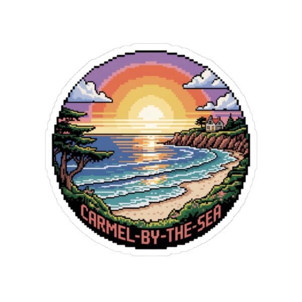 Carmel-by-the-Sea Sticker - Pixel Art Sunset Beach and Ocean Waves Design - Retro California Coastal Travel Souvenir Vinyl Decal