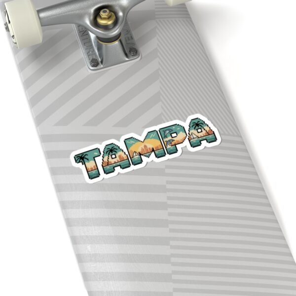 Tampa Pixel Art Sticker - Retro Gaming Coastal Design with Dolphins, Palm Trees, Sunset and Skyline - Florida Souvenir Decal