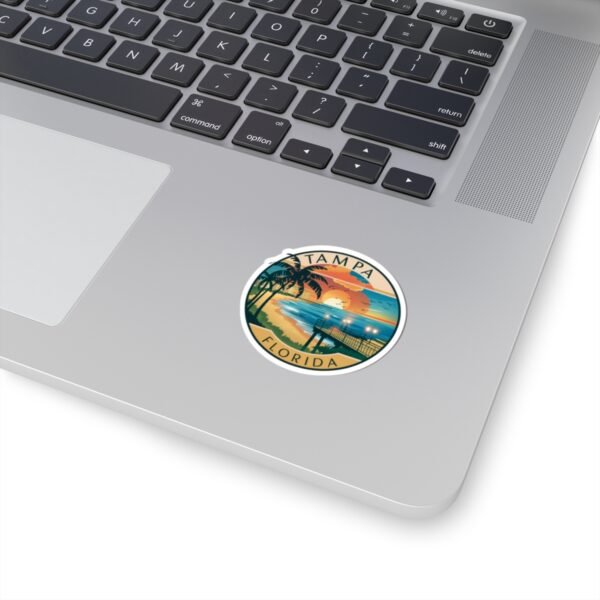 Tampa Florida Sticker - Retro Sunset Beach Pier Design with Palm Trees and Ocean Waves - Vintage Coastal Travel Souvenir Decal