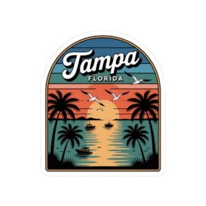 Tampa Florida Sticker - Retro Palm Trees and Boats Sunset Design with Seagulls - Vintage Coastal Travel Souvenir Vinyl Decal