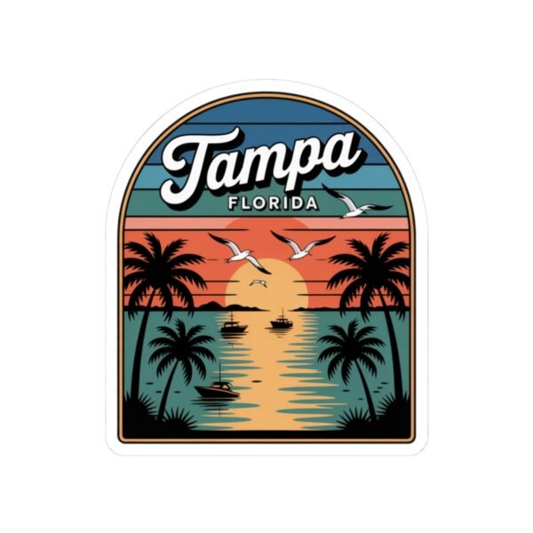 Tampa Florida Sticker - Retro Palm Trees and Boats Sunset Design with Seagulls - Vintage Coastal Travel Souvenir Vinyl Decal