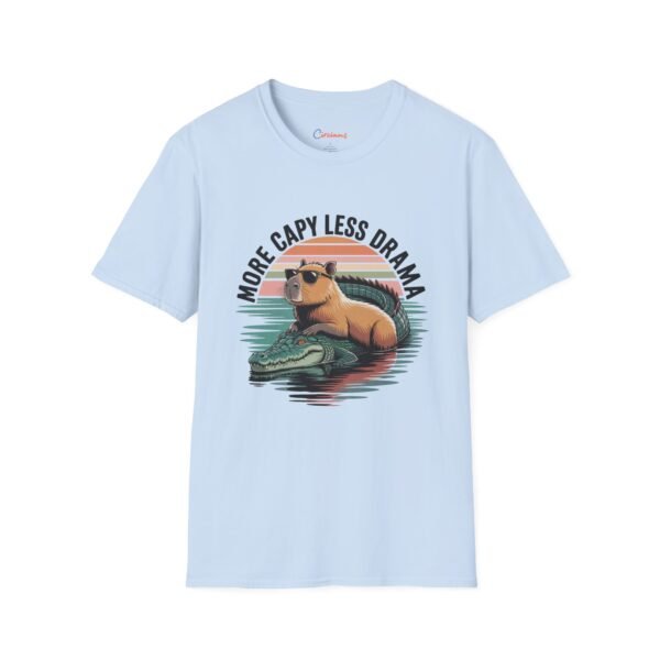 Capybara T-Shirt - More Capy Less Drama Funny Animal Tee - Chill Capybara Riding Crocodile Retro Sunset Graphic Shirt