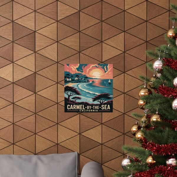 Carmel-by-the-Sea Poster - Retro California Coast Wall Art, Sunset Ocean View, Travel Print, Coastal Decor, Vintage Style Illustration