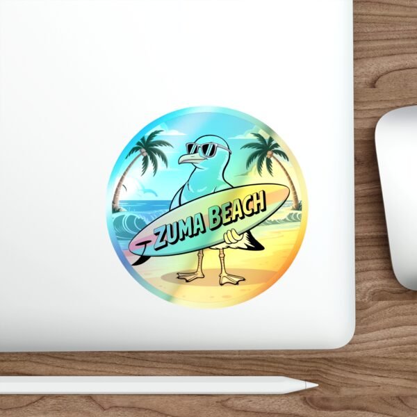 Zuma Beach Holographic Sticker - Cool Seagull Surfboard, Retro Summer Vibes, California Coastal Decor, Laptop & Water Bottle Vinyl Decal