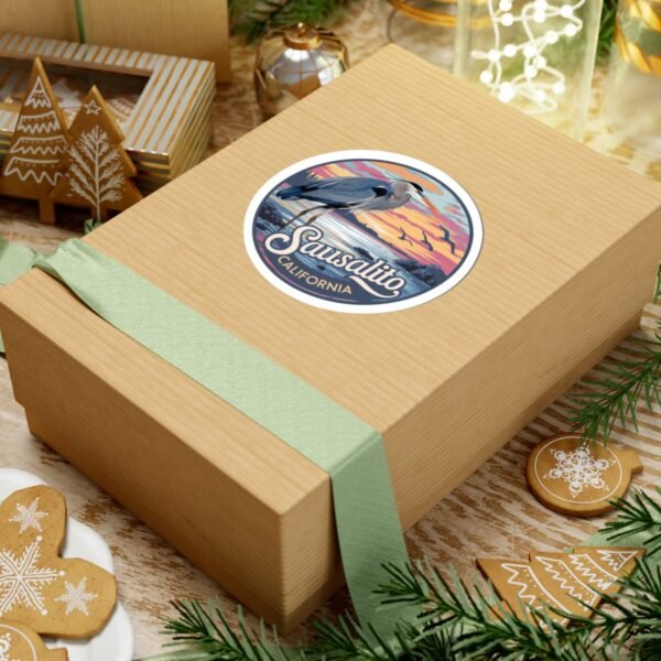 Sausalito California Sticker - Coastal Sunset with Heron Design, Retro Vinyl Decal, Unique Bay Area Souvenir, Travel Gift Waterproof