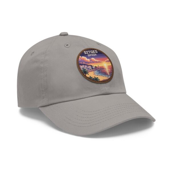 Sitges Spain Hat - Pixel Art Sunset Dad Cap with Leather Patch, Coastal Mediterranean Travel Souvenir