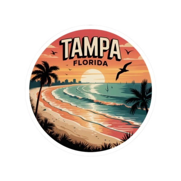 Tampa Florida Sticker - Retro Sunset Beach Waves Design with Palm Trees and Seagulls - Vintage Coastal Travel Souvenir Decal