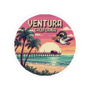 Ventura California Sticker - Retro Pixel Art Sunset with Pier and Pelican, Beach Vibes Coastal Aesthetic Travel Design