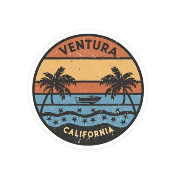 Ventura California Sticker - Retro Sunset Beach Decal with Palm Trees, Vintage Coastal Travel Souvenir, Surf Vibes Art