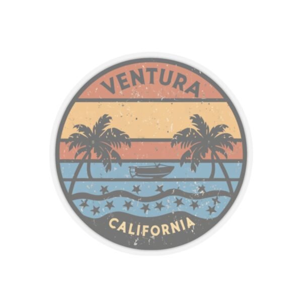 Ventura California Sticker - Retro Sunset Beach Decal with Palm Trees, Vintage Coastal Travel Souvenir, Surf Vibes Art