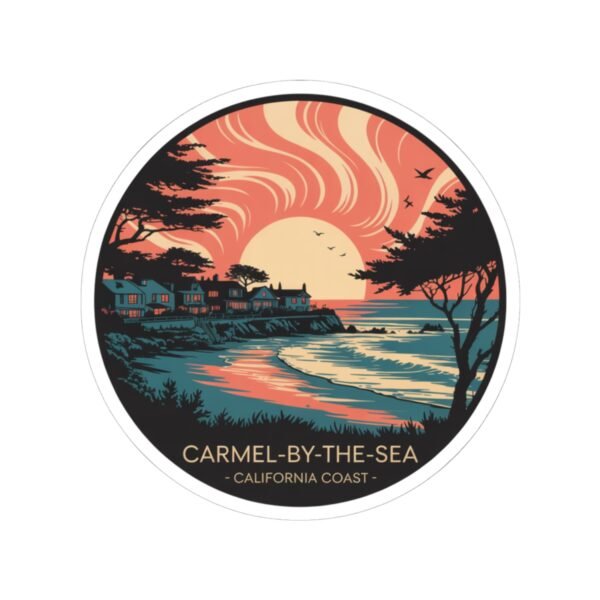 Carmel-by-the-Sea California Sticker - Retro Sunset Ocean View with Cypress Trees & Coastal Cottages - Vintage Travel Art