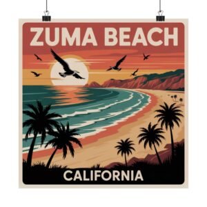 Zuma Beach California Poster - Retro Travel Wall Art, Vintage Coastal Sunset Print, Surf Vibes Ocean Landscape Decor for Beach House