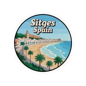 Sitges Spain Sticker - Retro Travel Coastal Beach Design with Palm Trees, Mediterranean Souvenir Decal