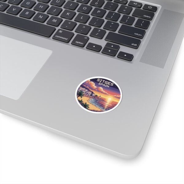 Sitges Spain Sticker - Pixel Art Sunset Mediterranean Coast Design, Retro Travel Round Vinyl Sticker for Laptops & Journals