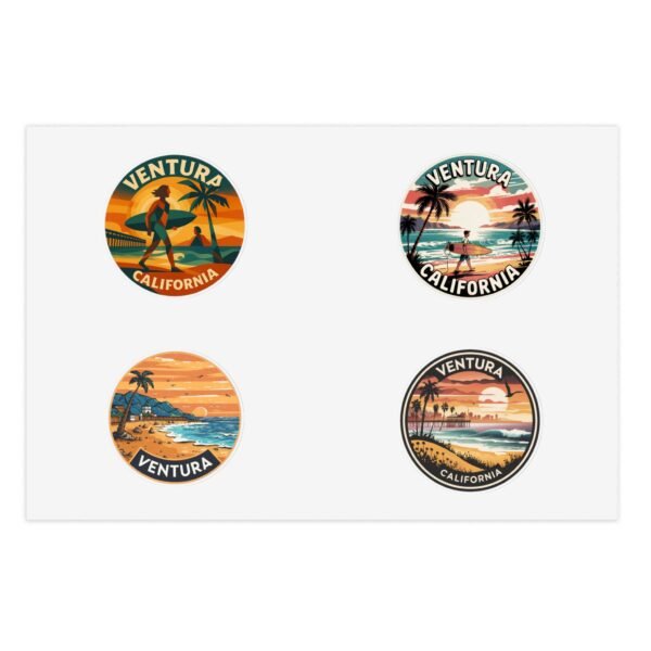 Ventura California Sticker Pack - Set of 4 Retro Coastal Travel Decals, Vintage Surf & Sunset Souvenir Stickers