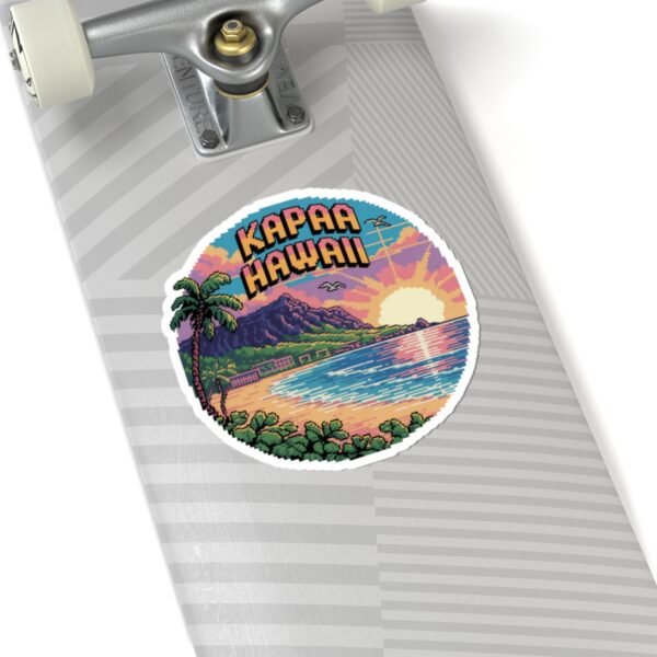 Kapaa Hawaii Sticker - Retro Pixel Art Beach Sunset with Palm Trees and Ocean Waves - Vintage Travel Souvenir Coastal Design
