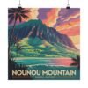 Nounou Mountain Kapaa Hawaii Poster - Retro Travel Wall Art Print of Sleeping Giant - Vintage Coastal Sunset Landscape Decor