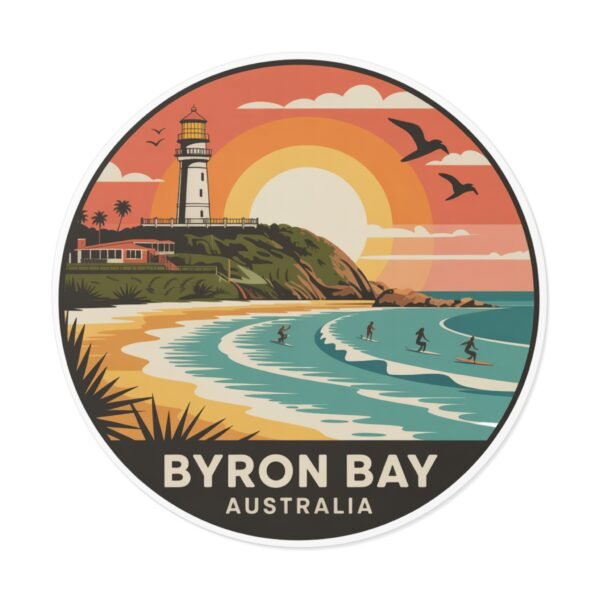 Byron Bay Australia Round Vinyl Sticker - Retro Beach Sunset Design, Coastal Souvenir, Waterproof Surf & Travel Decal