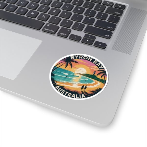 Byron Bay Australia Sticker - Retro Coastal Sunset Design with Lighthouse, Surfers, Palm Trees & Beach Silhouettes - Travel Souvenir Art