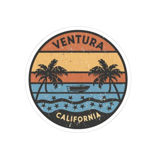 Ventura California Sticker - Retro Sunset Beach Decal with Palm Trees, Vintage Coastal Travel Souvenir, Surf Vibes Art