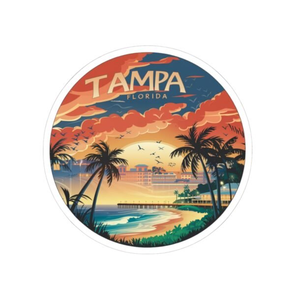 Tampa Florida Sticker - Retro Sunset Beach Scene with Palm Trees, Ocean Waves, and Vibrant Coastal Skyline - Vintage Travel Art